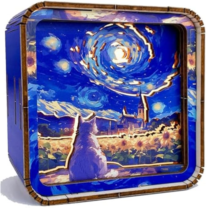 DIY 3D WOODEN PUZZLE NIGHTLIGHT LAMP WITH USB RECHARGEABLE BATTERY, CREATIVE CRAFT KIT AND INTERACTIVE ART LIGHT FOR ADULTS, UNIQUE STAR CAT GIFT FOR BIRTHDAY, ANNIVERSARY, FAMILY FUN - Image 1